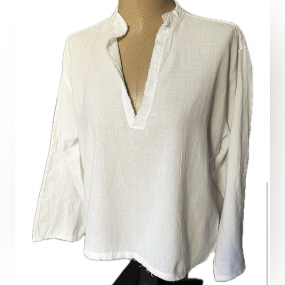 Organic Linen Cotton Blend Boho White Relaxed Fit Shirt | Adjustable Sleeves - Picture 4 of 11